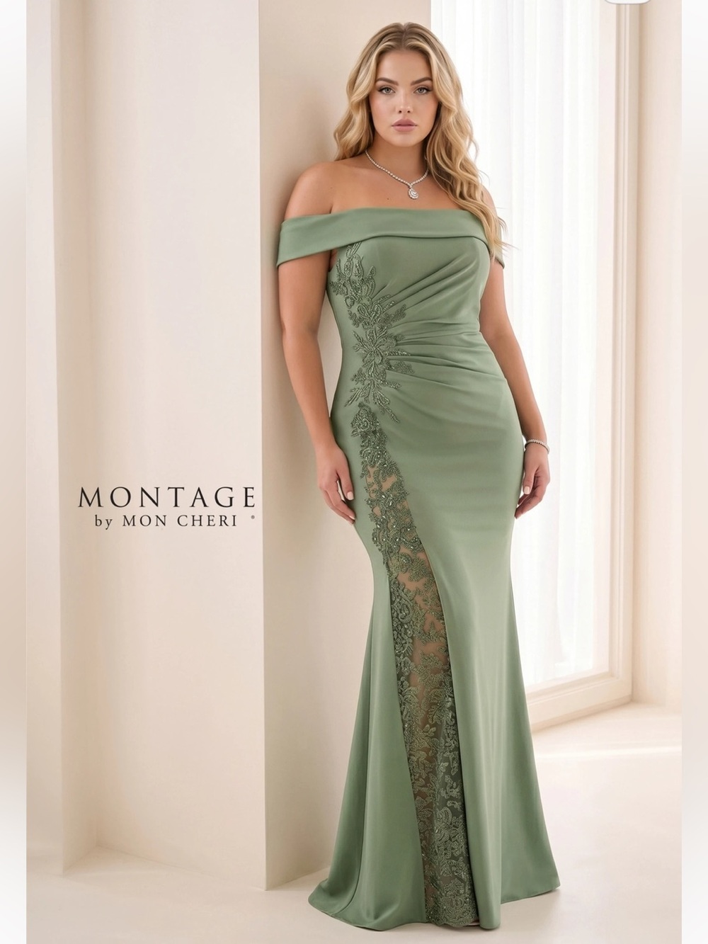 Montage by Mon Cheri Sage One-Shoulder Lace-Panel Evening Gown